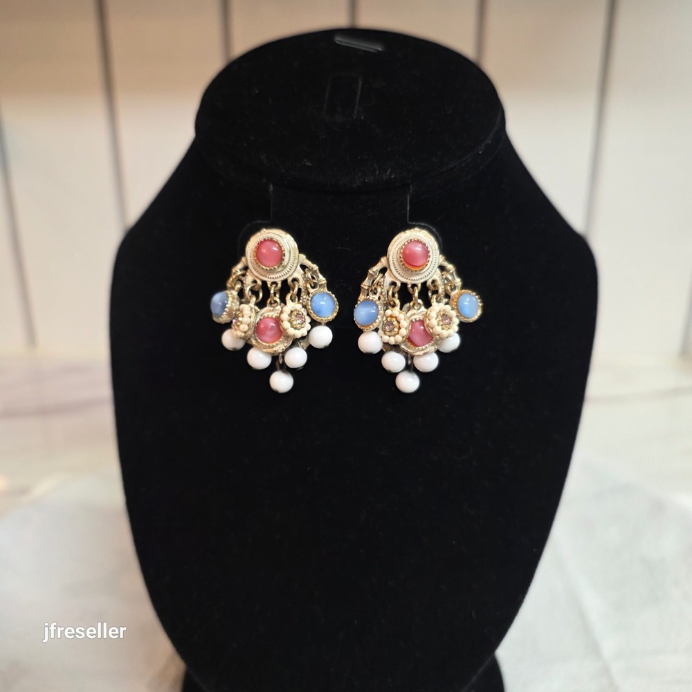 VTG ART Arthur Pepper Chandelier Earrings Pink Blue Cabochon White Gold Tone